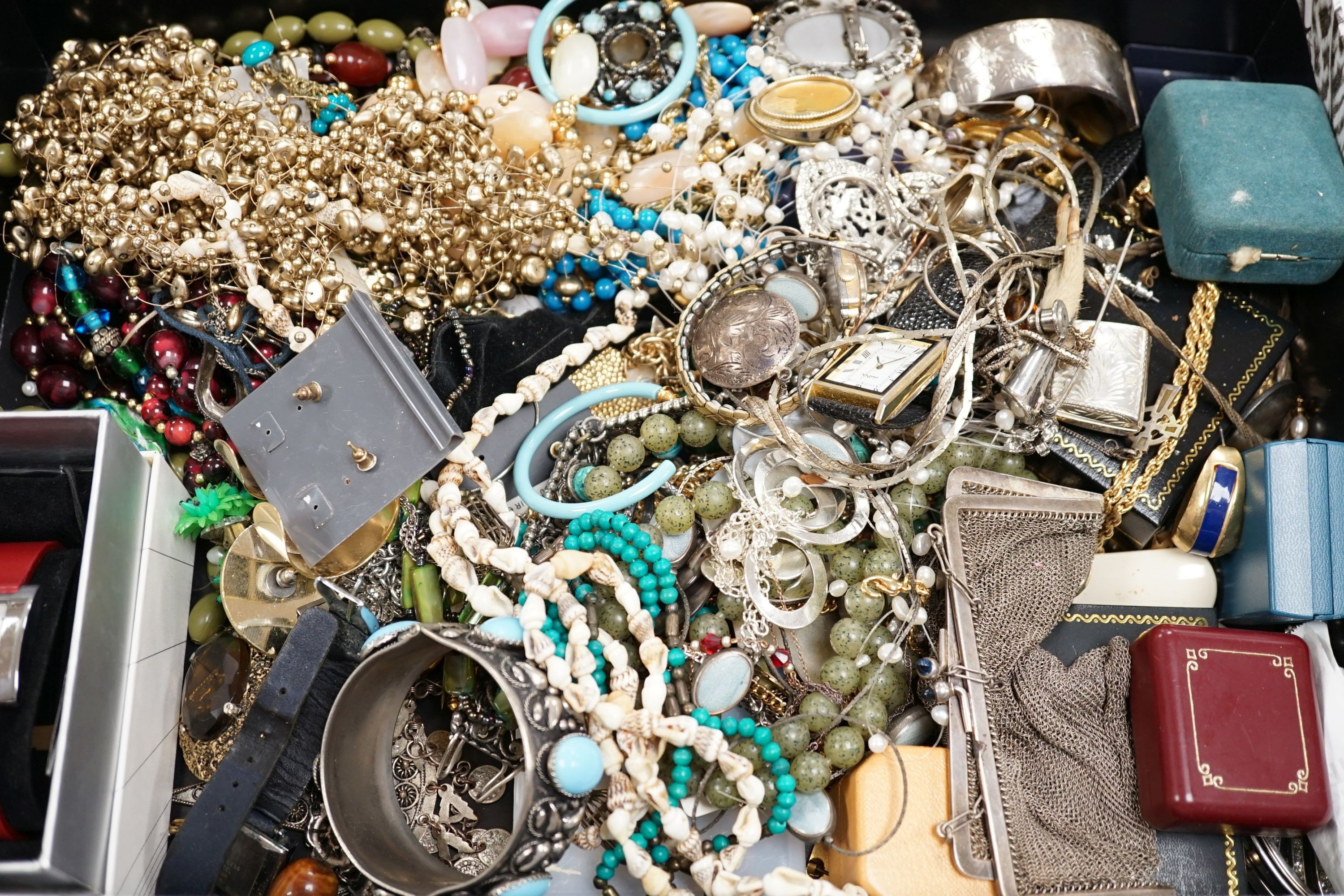 A quantity of assorted mainly costume jewellery etc. including cultured pearl necklace, white metal bangle and watches.